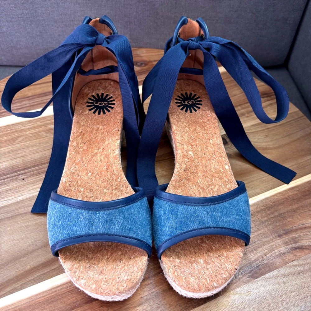 UGG Lucianna Denim Blue Ankle Tie Espadrille Wedge Sandals 1014955
